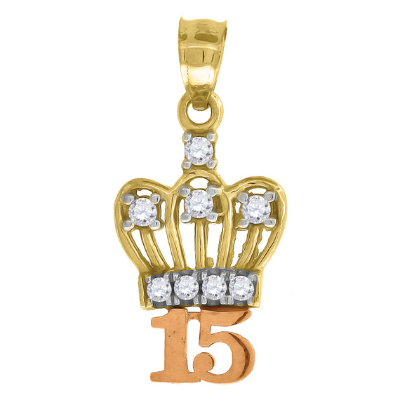 14kt Gold Womens Tri-color Diamond-cut 15 Anos Crown Ht:21.5mm Quinceanera Pendant Charm