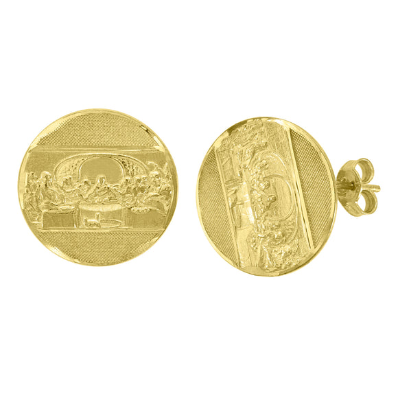 10kt Yellow Gold Textured Mens Last Supper 16mm Religious Push Back Studs