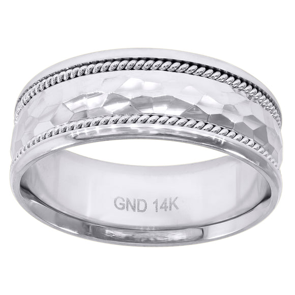 14kt White Gold Mens Hammer Finished Wedding Band Ring 8mm Size 8