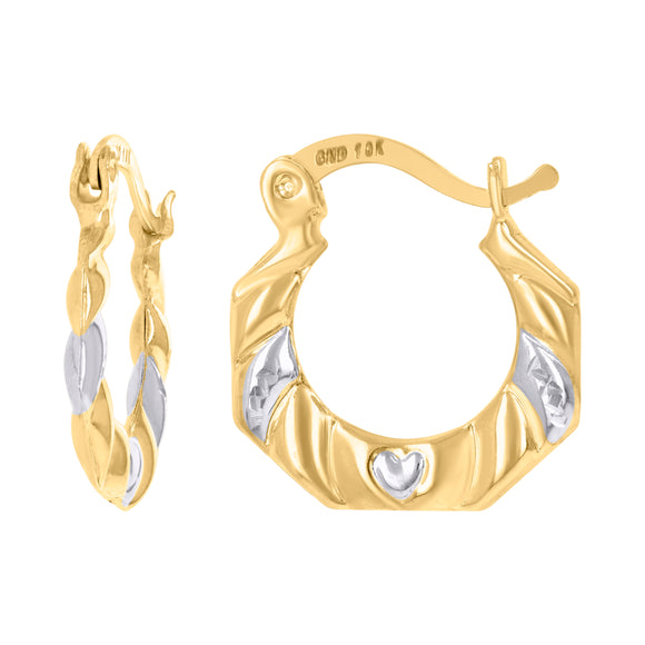 10kt Gold Two-tone DC Womens Octagon Heart Embossed Hinged Hoops Huggies