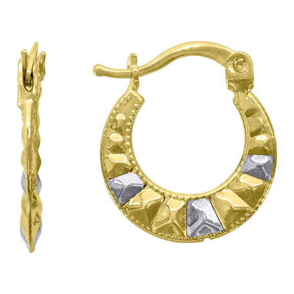 10kt Gold Two-tone Womens Round Itched 13.7mm Hinged Hoops Huggies
