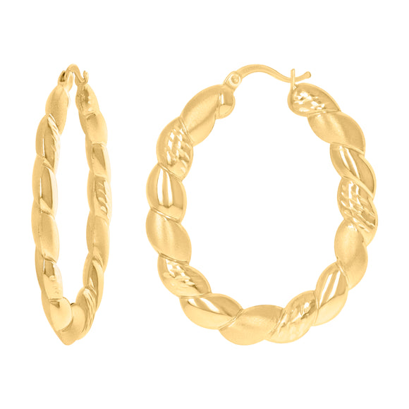 10kt Yellow Gold Womens Brushed Twisted Oval Hoop Earrings