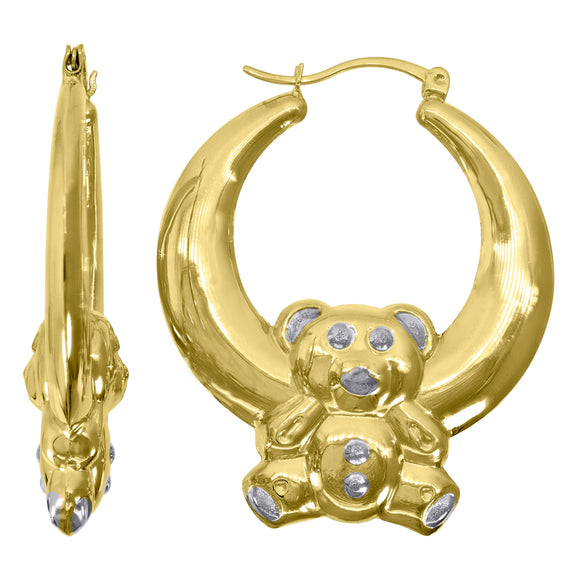 10kt Gold Two-tone Womens Teddy Bear 40.5mm Hinged Hoops Huggies