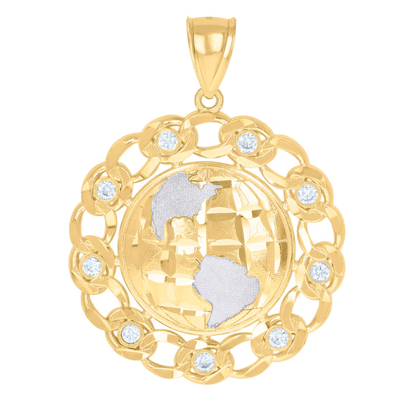 10kt Two-tone Gold Mens Cubic Zirconia Diamond-cut Globe Cuban Border Charm Pendant
