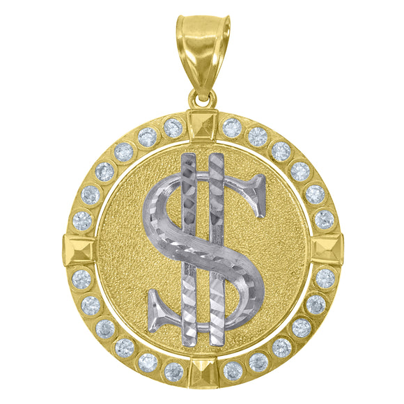 10kt Two-Tone Gold Mens Cubic-Zirconia Gambling Dollar Sign Charm Pendant