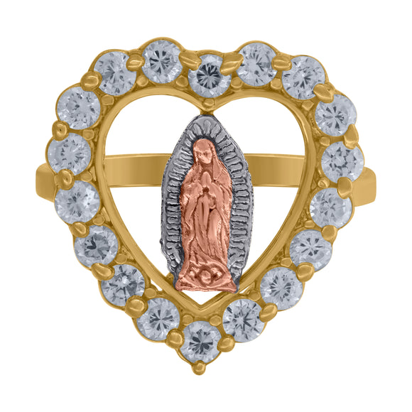 10kt Gold Womens Tri-color CZ Guadalupe Mary Heart Religious Band Ring