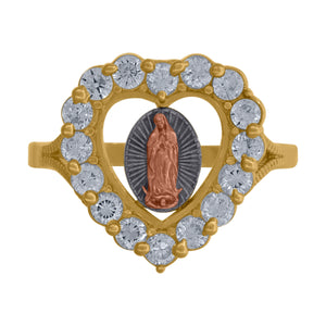 10kt Gold Womens Tri-color CZ Guadalupe Mary Heart Religious Band Ring