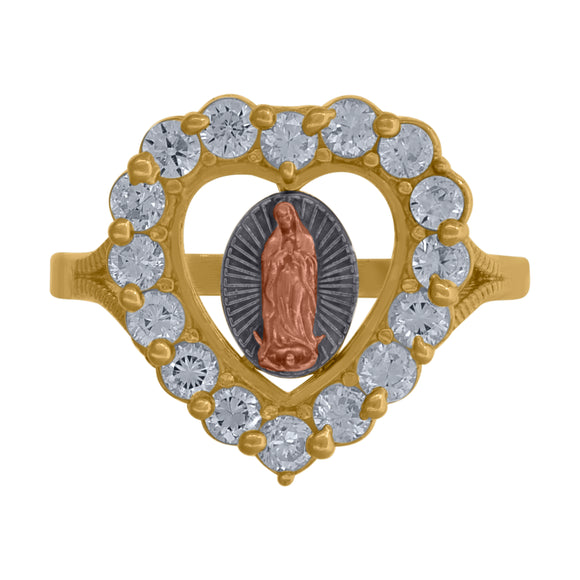 10kt Gold Womens Tri-color CZ Guadalupe Mary Heart Religious Band Ring