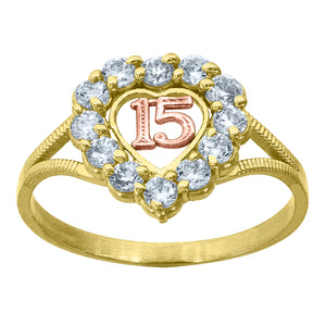 10kt Two-tone Gold Womens CZ 15 Anos Heart Quinceanera Band Ring