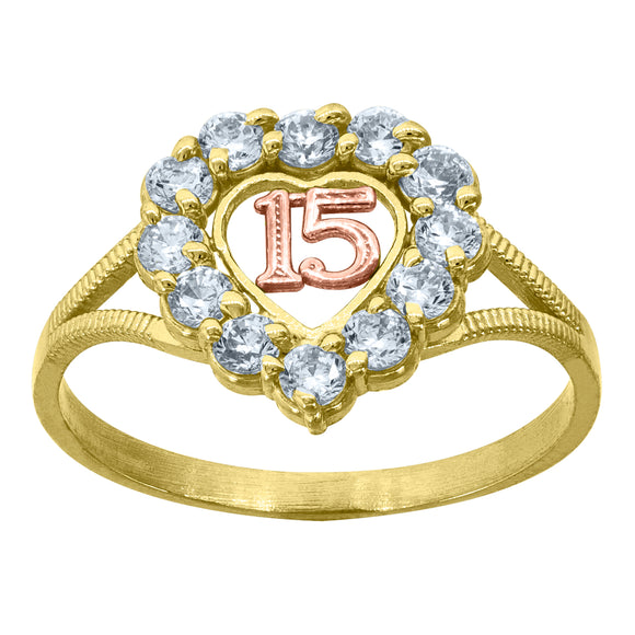 10kt Two-tone Gold Womens CZ 15 Anos Heart Quinceanera Band Ring