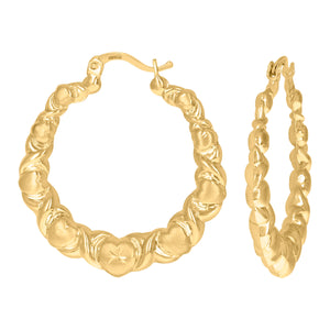 10kt Yellow Gold DC Brushed Womens Heart XO Hugs & Kisses 35.2mm Hinged Hoops Huggies