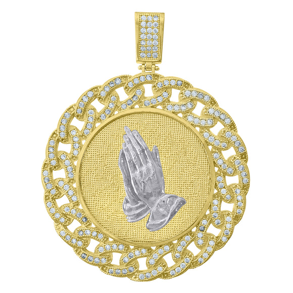 10kt Two-Tone Gold Unisex Cubic-Zirconia Religious Praying Hands Cuban Link Charm Pendant