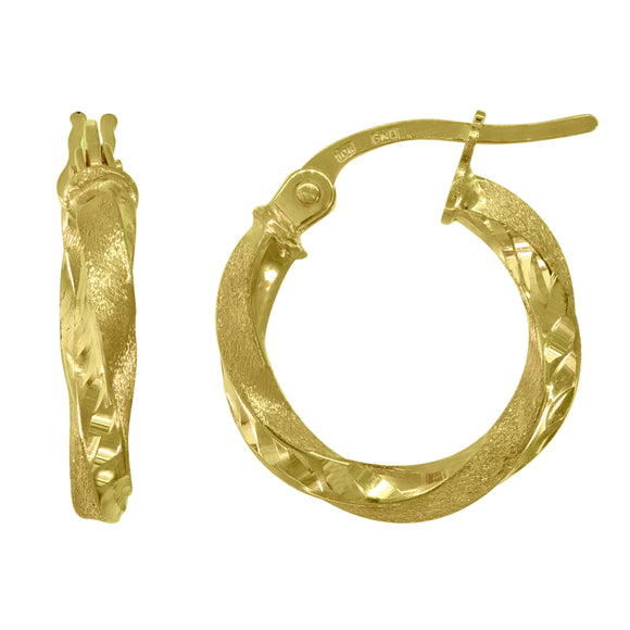 10kt Yellow Gold Womens Twisted Tube DC Brushed 10mm x 2mm Hinged Hoops Huggies