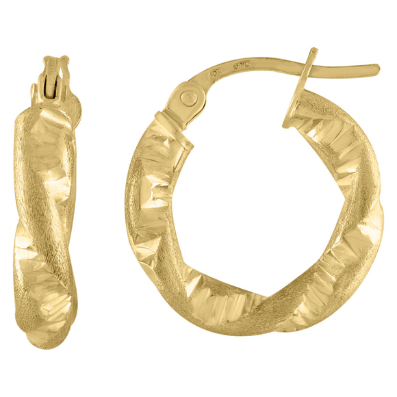 10kt Yellow Gold Womens Twisted Tube DC Brushed 3mm x 10mm Hinged Hoops Huggies