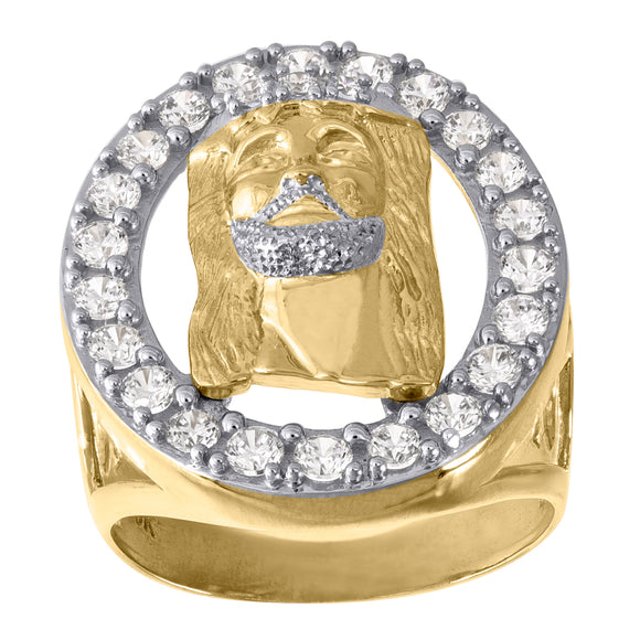 10KT Two-Tone Gold Mens Cubic Zirconia Jesus Religious Ring
