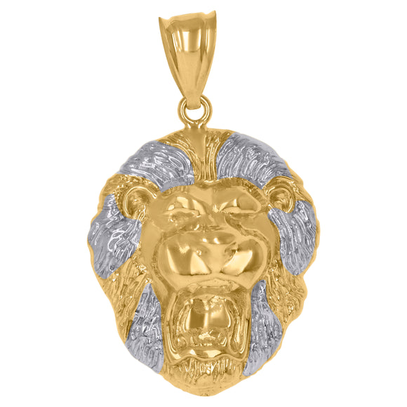 10kt Gold Two-tone Diamond-cut Mens Lion Head Ht:40mm x W:24.6mm Animal Charm Pendant