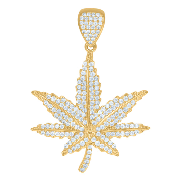 10kt Yellow Gold Mens Cubic Zirconia Marijuana Leaf Fashion Charm Pendant