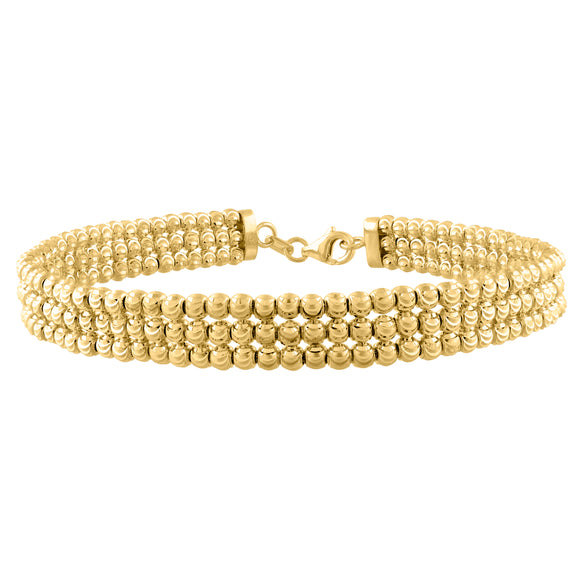 14Kt Tri-color Gold Womens Diamond-cut Moon-cut Beaded Three Layered Bangle Bracelet Size 7.5inches