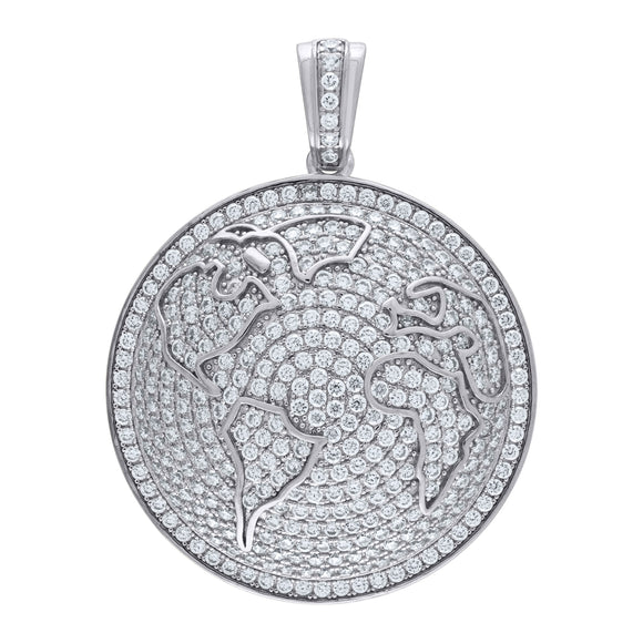 925 Sterling Silver Mens Cubic Zirconia Globe World Map Charm Pendant