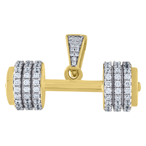 925 Sterling Silver Yellow-tone Mens Cubic Zirconia Sports Weightlifting Dumbbell Charm Pendant
