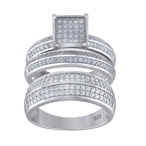 925 Sterling Silver His & Hers Cubic Zirconia Square Head Trio Ring Set Size 7