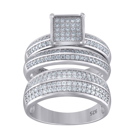 925 Sterling Silver His & Hers Cubic Zirconia Square Head Trio Ring Set Size 7