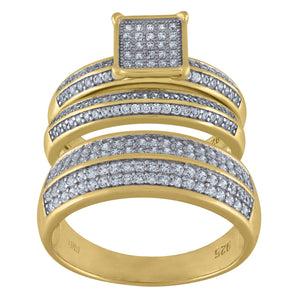 925 Sterling Silver Yellow-Tone His & Hers Cubic Zirconia Square Head Trio Ring Set Size 7