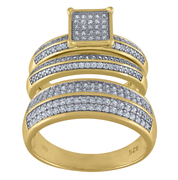925 Sterling Silver Yellow-Tone His & Hers Cubic Zirconia Square Head Trio Ring Set Size 7