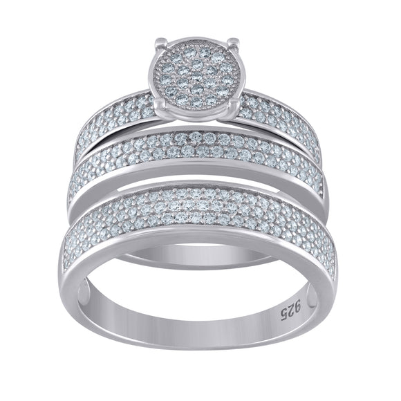 925 Sterling Silver His & Hers Cubic Zirconia Trio Ring Set Size 6