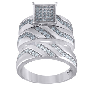 925 Sterling Silver His & Hers Cubic Zirconia Square Head Trio Ring Set Size 6