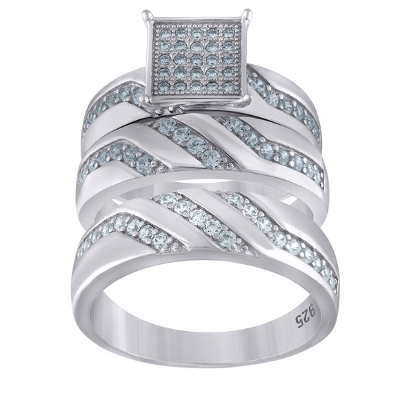 925 Sterling Silver His & Hers Cubic Zirconia Square Head Trio Ring Set Size 6