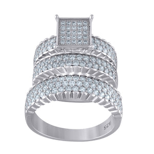 925 Sterling Silver His & Hers Cubic Zirconia Square Head Trio Ring Set Size 6
