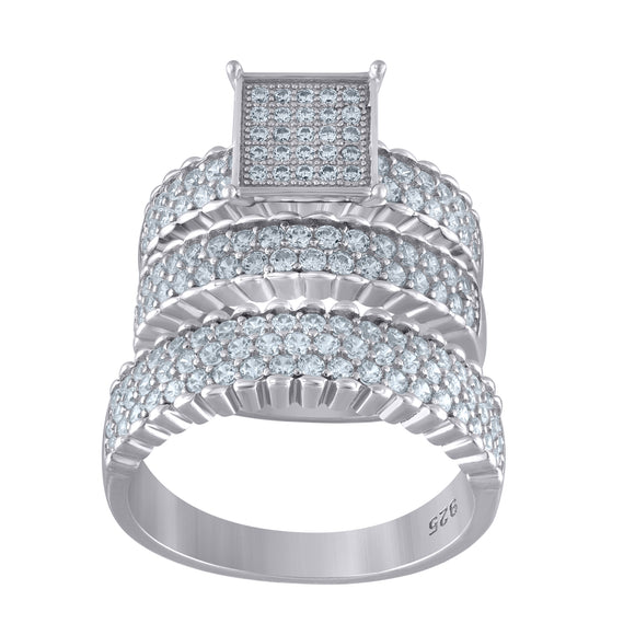 925 Sterling Silver His & Hers Cubic Zirconia Square Head Trio Ring Set Size 6