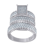 925 Sterling Silver His & Hers Cubic Zirconia Square Head Trio Ring Set Size 9