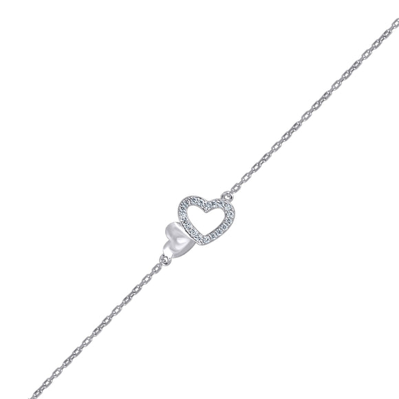 925 Sterling Silver Women Cubic Zirconia Rolo Link Heart Bracelet
