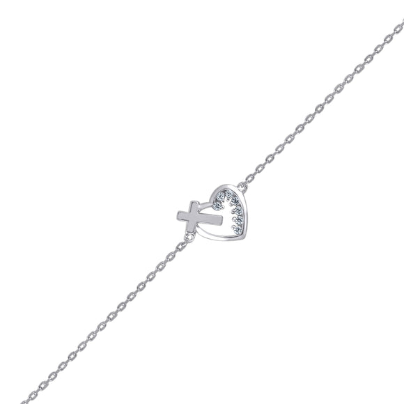 925 Sterling Silver Women Cubic Zirconia Rolo Link Heart & Cross Bracelet