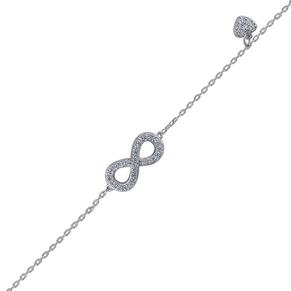 925 Sterling Silver Women Cubic Zirconia Rolo Link Infinity With Heart Charm Bracelet