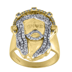 10kt Two-tone Gold Mens Round And Princess Cubic Zirconia Jesus Face Religious Ring