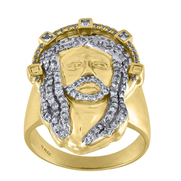 10kt Two-tone Gold Mens Round And Princess Cubic Zirconia Jesus Face Religious Ring