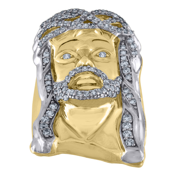 10kt Two-tone Gold Mens Cubic Zirconia Jesus Face Religious Ring