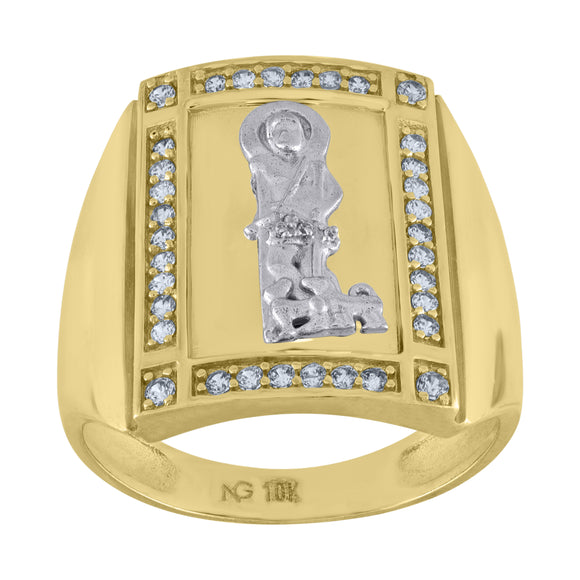 10kt Two-tone Gold Mens Cubic Zirconia Saint Lazarus With Two Dogs Square Religious Ring