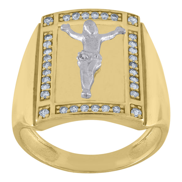 10kt Two-tone Gold Mens Cubic Zirconia Crucifix Square Religious Ring