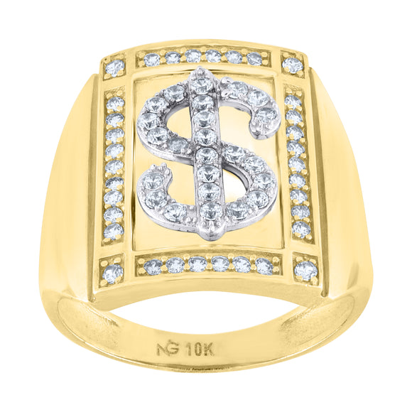 10kt Two-tone Gold Mens Cubic Zirconia Dollar Sign Square Ring