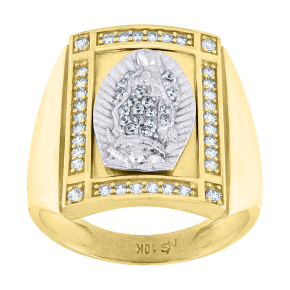 10kt Two-tone Gold Mens Cubic Zirconia Lady Of Guadalupe Religious Square Ring