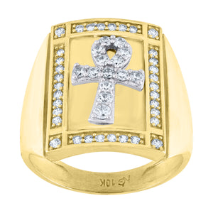10kt Two-tone Gold Mens Cubic Zirconia Ankh Cross Religious Square Ring