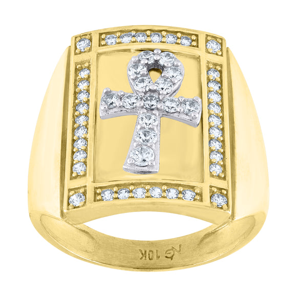 10kt Two-tone Gold Mens Cubic Zirconia Ankh Cross Religious Square Ring