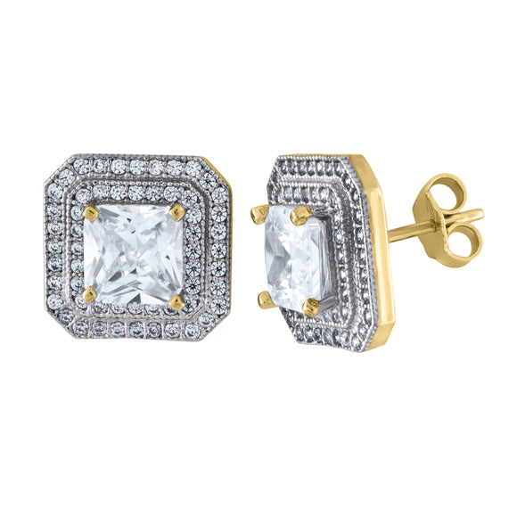 10kt Two-tone Gold Princess Cut CZ Womens Polished Finish Square Push Back Stud Earrings