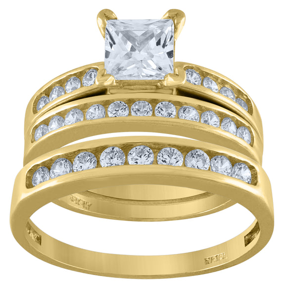 10kt Yellow Gold Womens Round And Princess Cubic Zirconia Trio Ring Set
