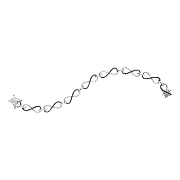 Sterling Silver Womens Round Black Color Enhanced Diamond Infinity Bracelet 1/2 Cttw