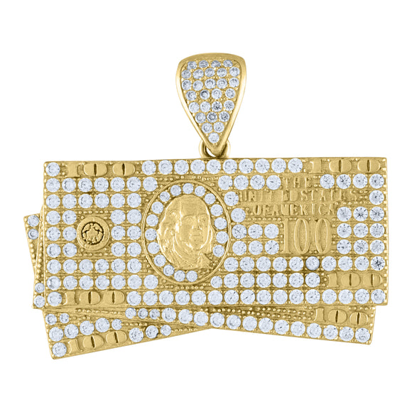 10kt Yellow Gold Mens Cubic Zirconia 100 Dollar Bill Charm Pendant